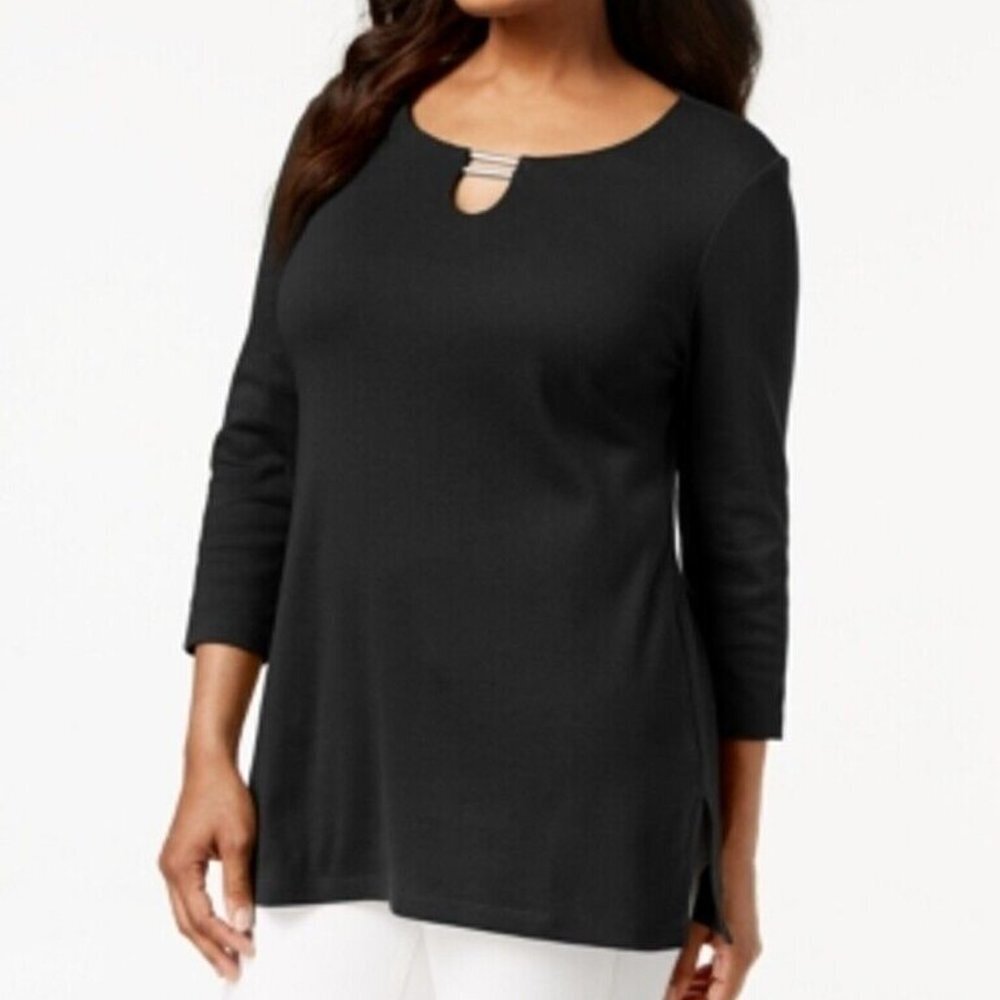 Karen Scott Split Neck Tunic Top Embellished Black 3/4 Sleeve Sz M‎ EUC